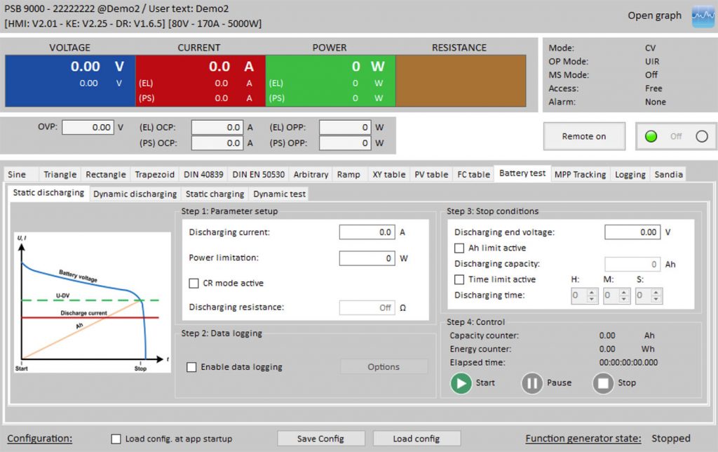 Battery test function shown in EAs Power Control Software
